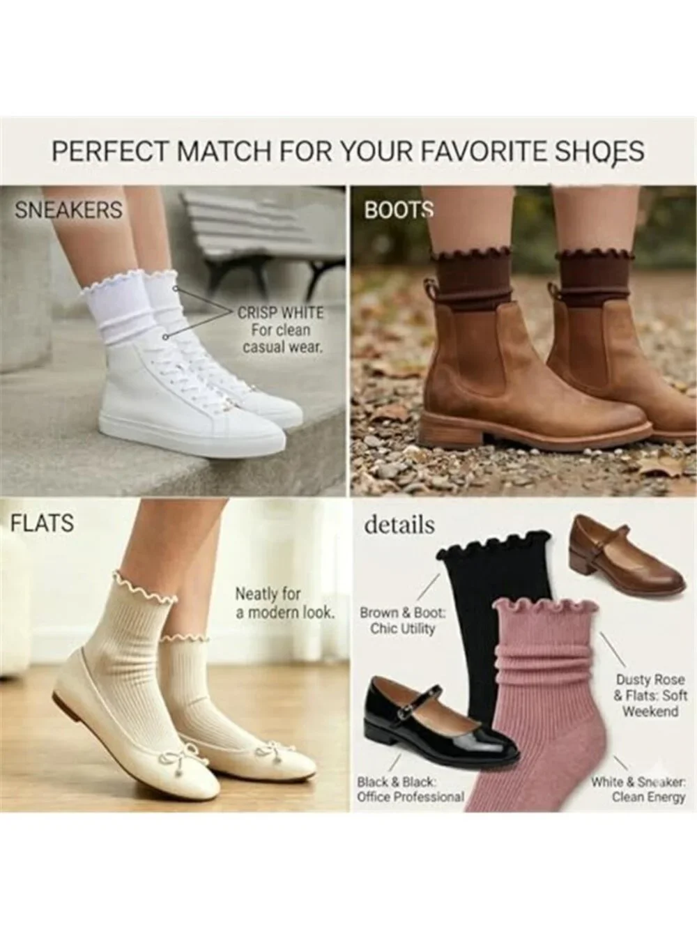 Ruffle Socks for Women 6 Pairs - Cute Frilly Crew Socks, Breathable Cotton